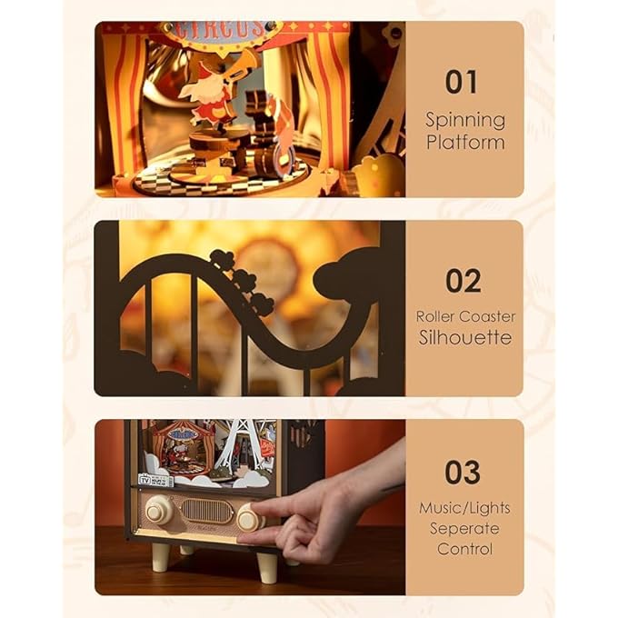 3D WOODEN PUZZLE, 16" / 40.5 CM FERRIS WHEEL MUSIC BOX WITH LED, SUNSET CARNIVAL DIY BOOK NOOK KIT, MODEL BUILDING SET, CRAFTS FOR ADULTS, GIFTS FOR GIRLS & BOYS - Image 4